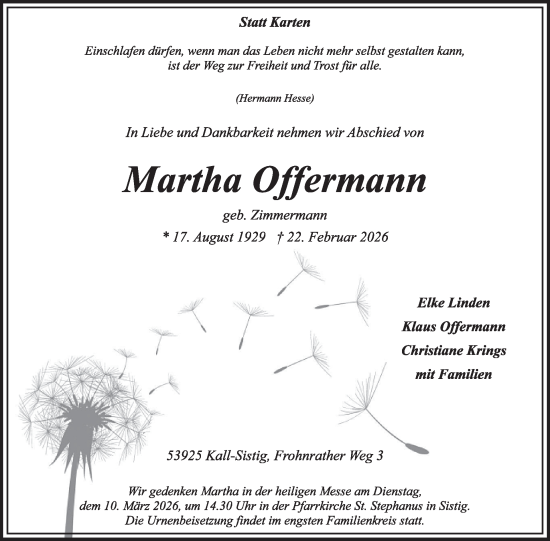 Traueranzeige von Martha Offermann von WochenSpiegel
