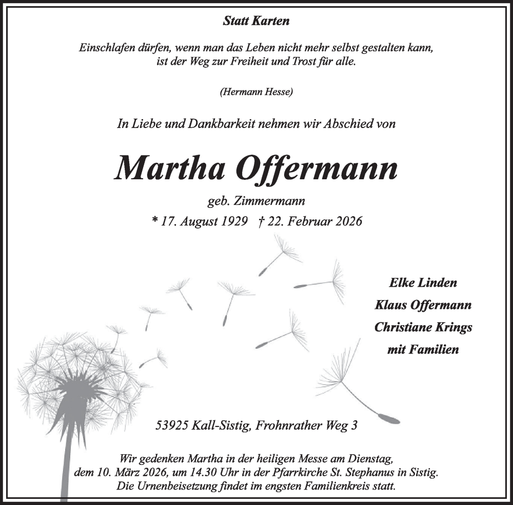  Traueranzeige für Martha Offermann vom 25.02.2026 aus WochenSpiegel