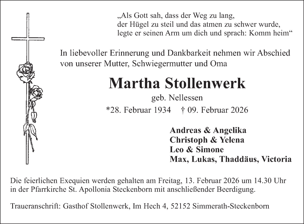  Traueranzeige für Martha Stollenwerk vom 11.02.2026 aus WochenSpiegel