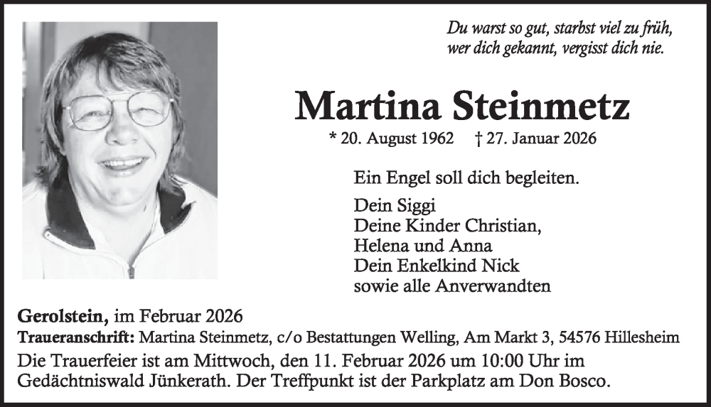  Traueranzeige für Martina Steinmetz vom 07.02.2026 aus WochenSpiegel