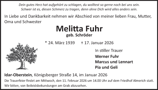 Traueranzeige von Melitta Fuhr von WochenSpiegel