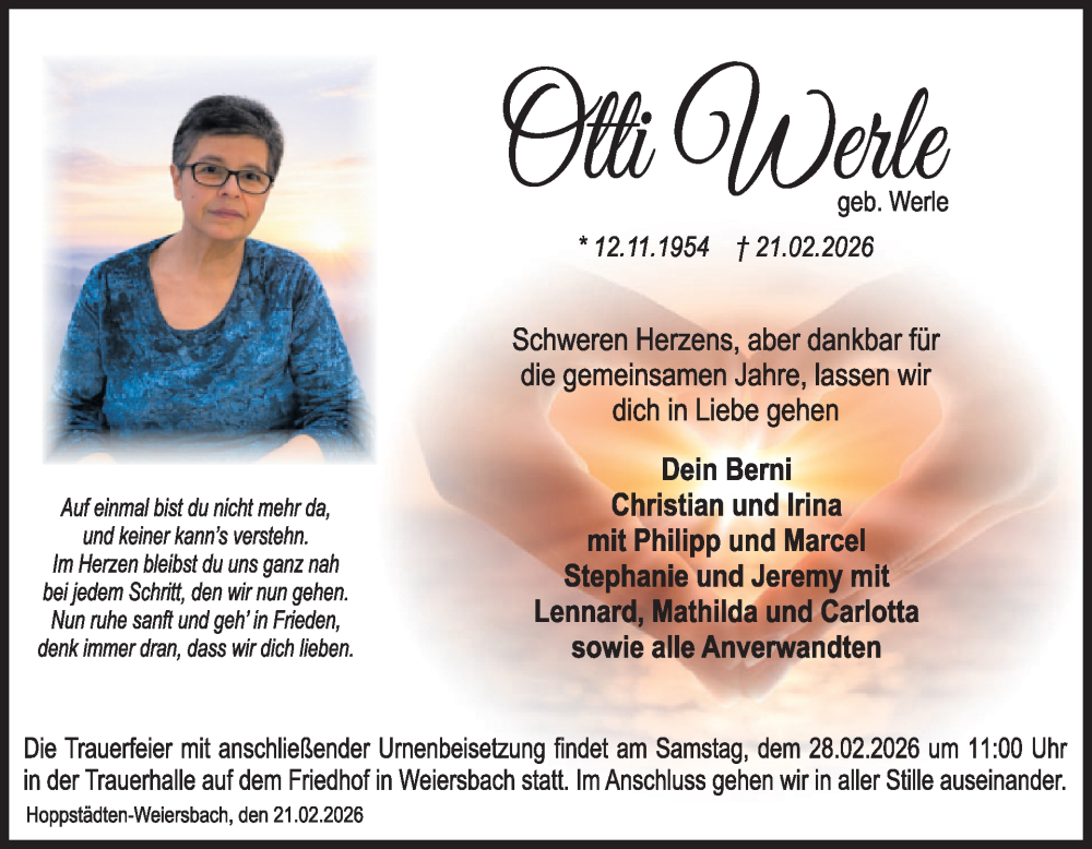  Traueranzeige für Otti Werle vom 28.02.2026 aus WochenSpiegel