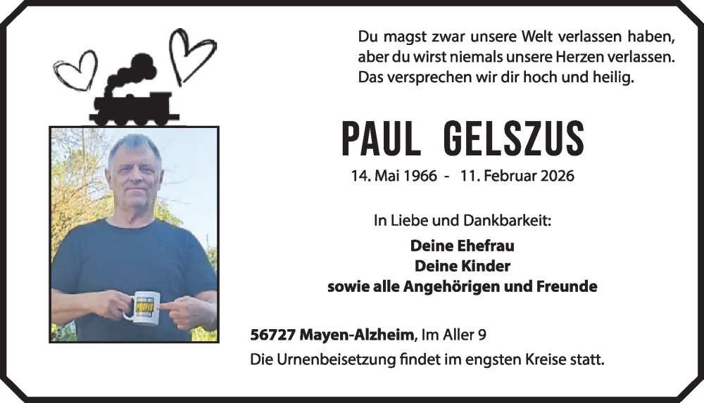  Traueranzeige für Paul Gelszus vom 18.02.2026 aus WochenSpiegel