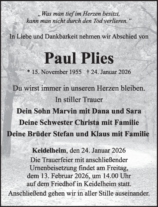 Traueranzeige von Paul Plies von WochenSpiegel