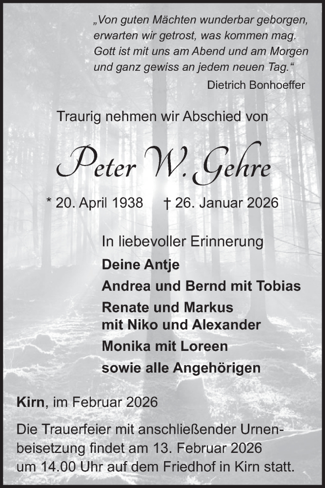  Traueranzeige für Peter W. Gehre vom 07.02.2026 aus WochenSpiegel