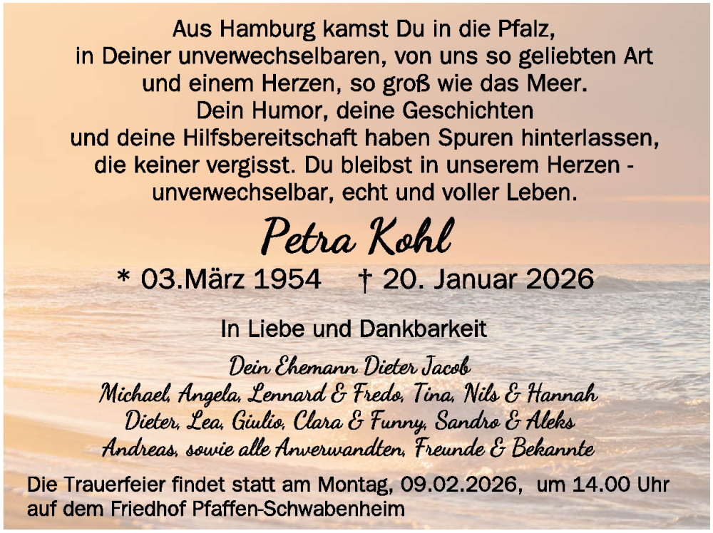  Traueranzeige für Petra Kohl vom 07.02.2026 aus WochenSpiegel