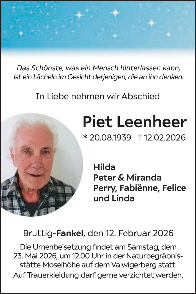  Traueranzeige für Piet Leenheer vom 18.02.2026 aus WochenSpiegel