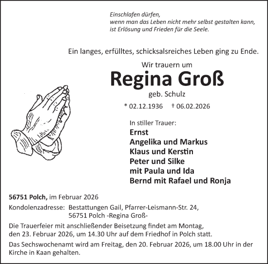 Traueranzeige von Regina Groß von WochenSpiegel