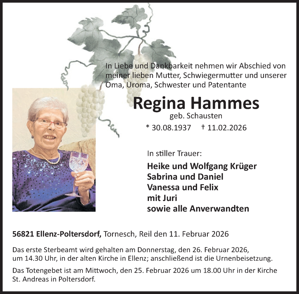  Traueranzeige für Regina Hammes vom 18.02.2026 aus WochenSpiegel
