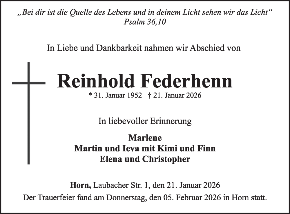  Traueranzeige für Reinhold Federhenn vom 07.02.2026 aus WochenSpiegel