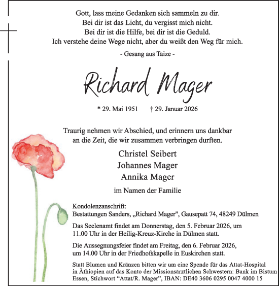 Traueranzeige von Richard Mager von WochenSpiegel