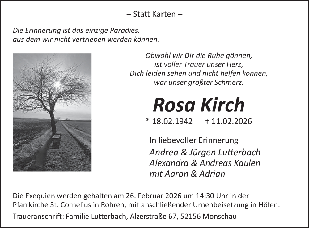 Traueranzeige für Rosa Kirch vom 18.02.2026 aus WochenSpiegel