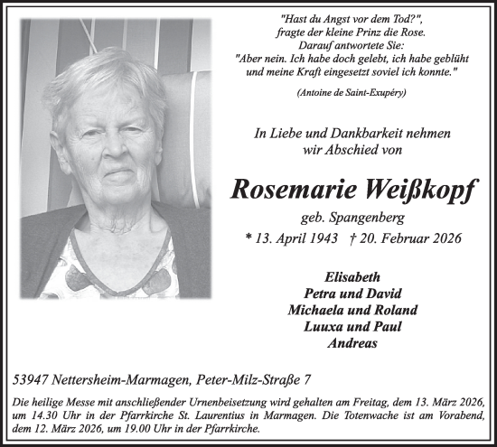 Traueranzeige von Rosemarie Weißkopf von WochenSpiegel