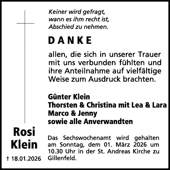 Traueranzeige von Rosi Klein von WochenSpiegel