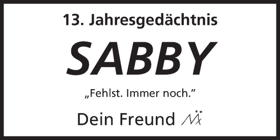 Traueranzeige von Sabby  von WochenSpiegel