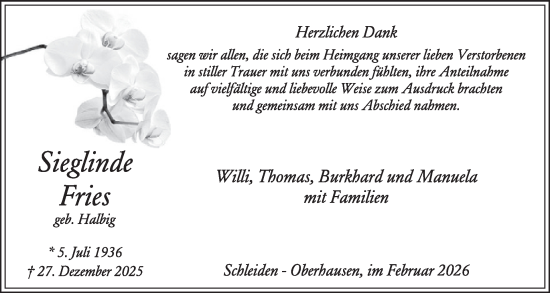 Traueranzeige von Sieglinde Fries von WochenSpiegel