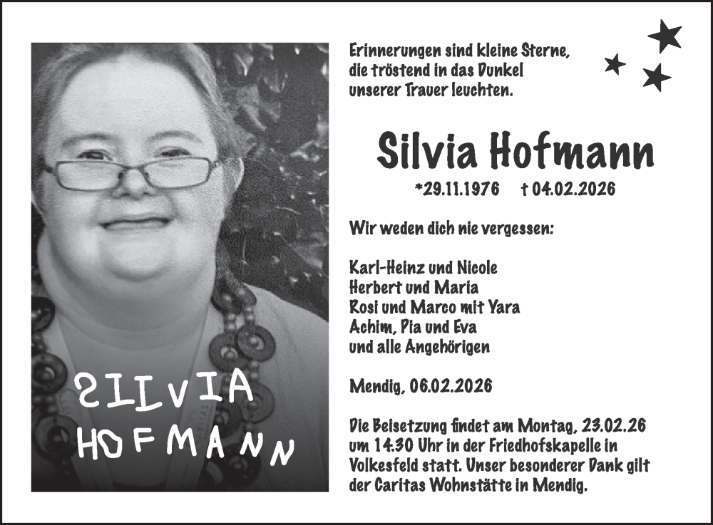  Traueranzeige für Silvia Hofmann vom 11.02.2026 aus WochenSpiegel
