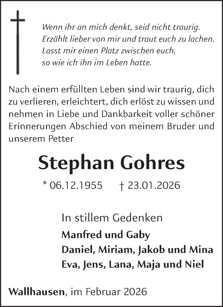  Traueranzeige für Stephan Gohres vom 07.02.2026 aus WochenSpiegel