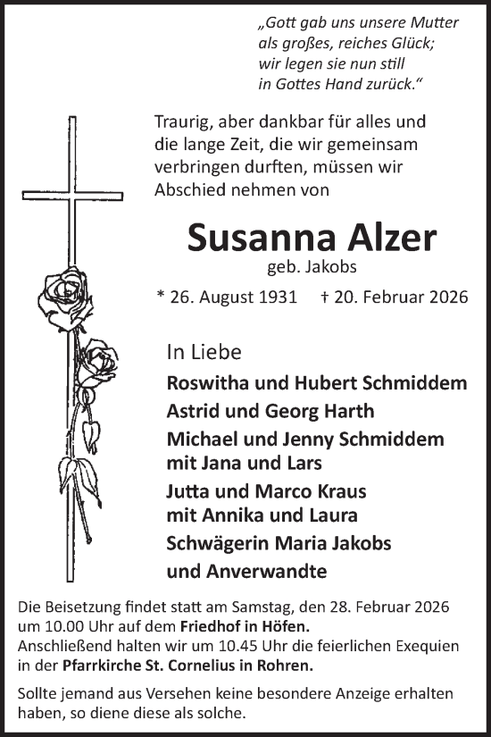 Traueranzeige von Susanna Alzer von WochenSpiegel