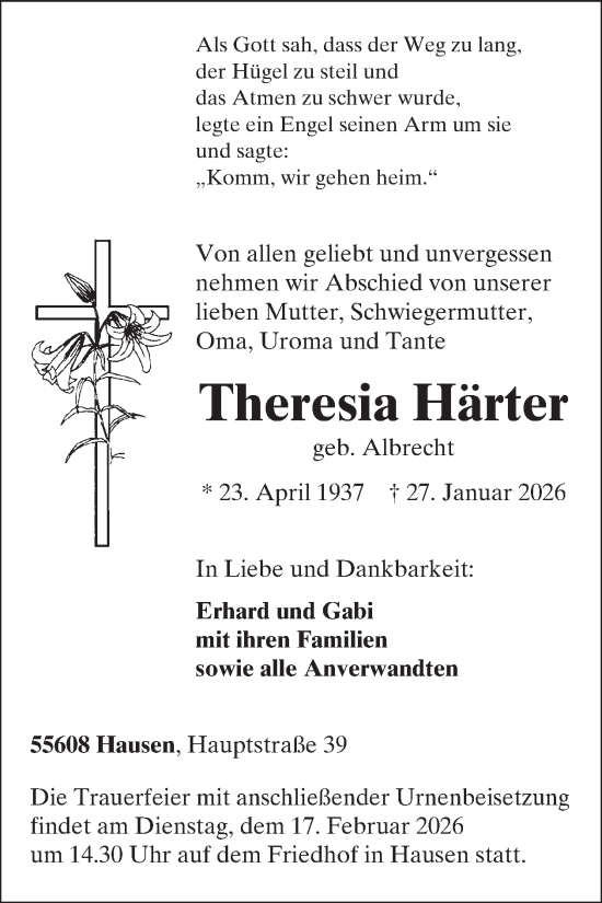 Traueranzeige von Theresia Härter von WochenSpiegel