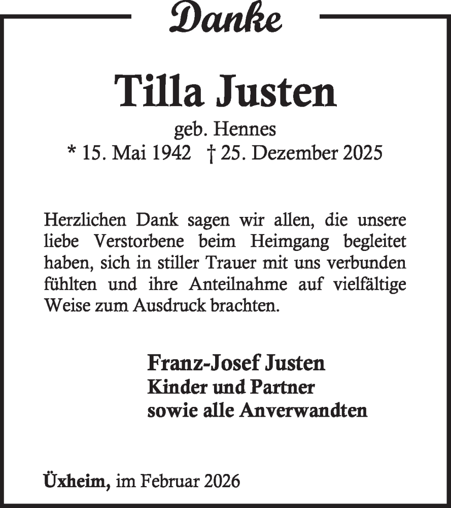  Traueranzeige für Tilla Justen vom 07.02.2026 aus WochenSpiegel