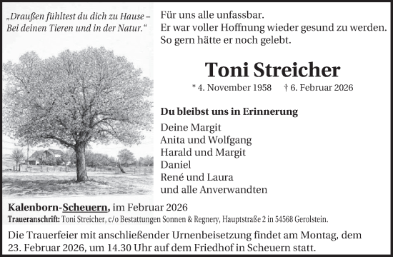 Traueranzeige von Toni Streicher von WochenSpiegel