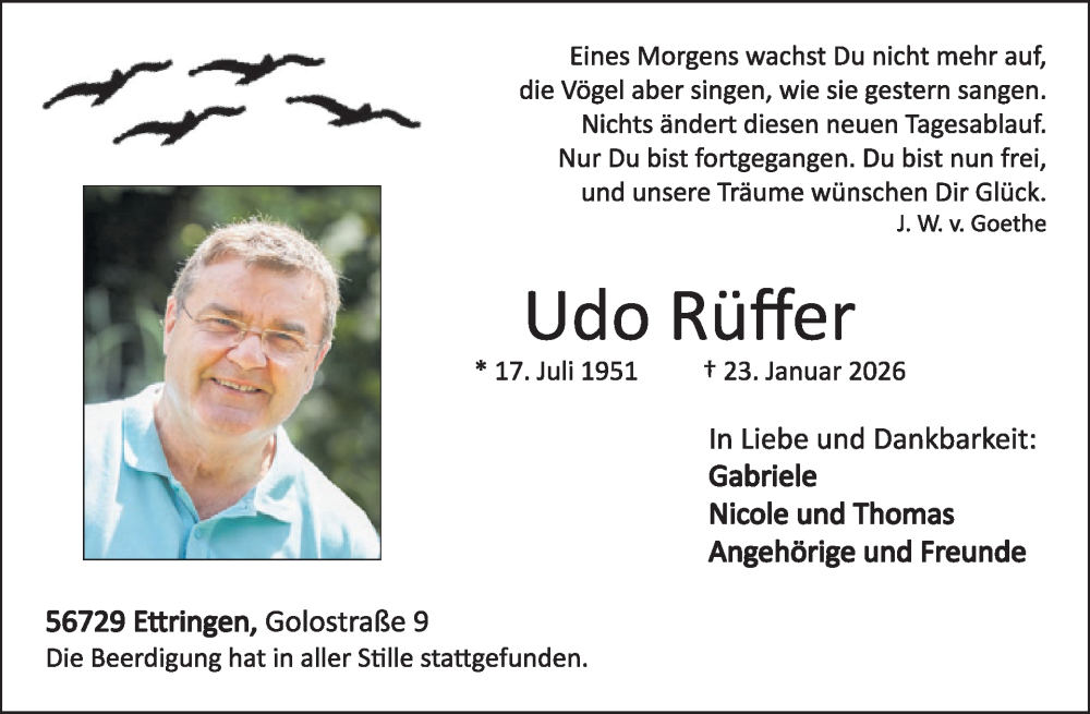  Traueranzeige für Udo Rüffer vom 04.02.2026 aus WochenSpiegel