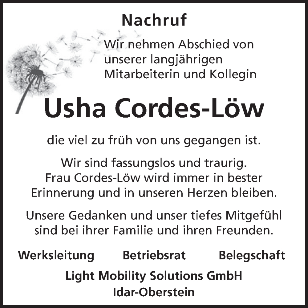  Traueranzeige für Usha Cordes-Löw vom 07.02.2026 aus WochenSpiegel