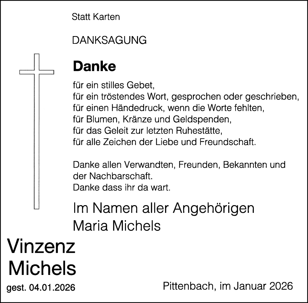  Traueranzeige für Vinzenz Michels vom 06.02.2026 aus WochenSpiegel