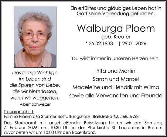 Traueranzeige von Walburga Ploem von WochenSpiegel