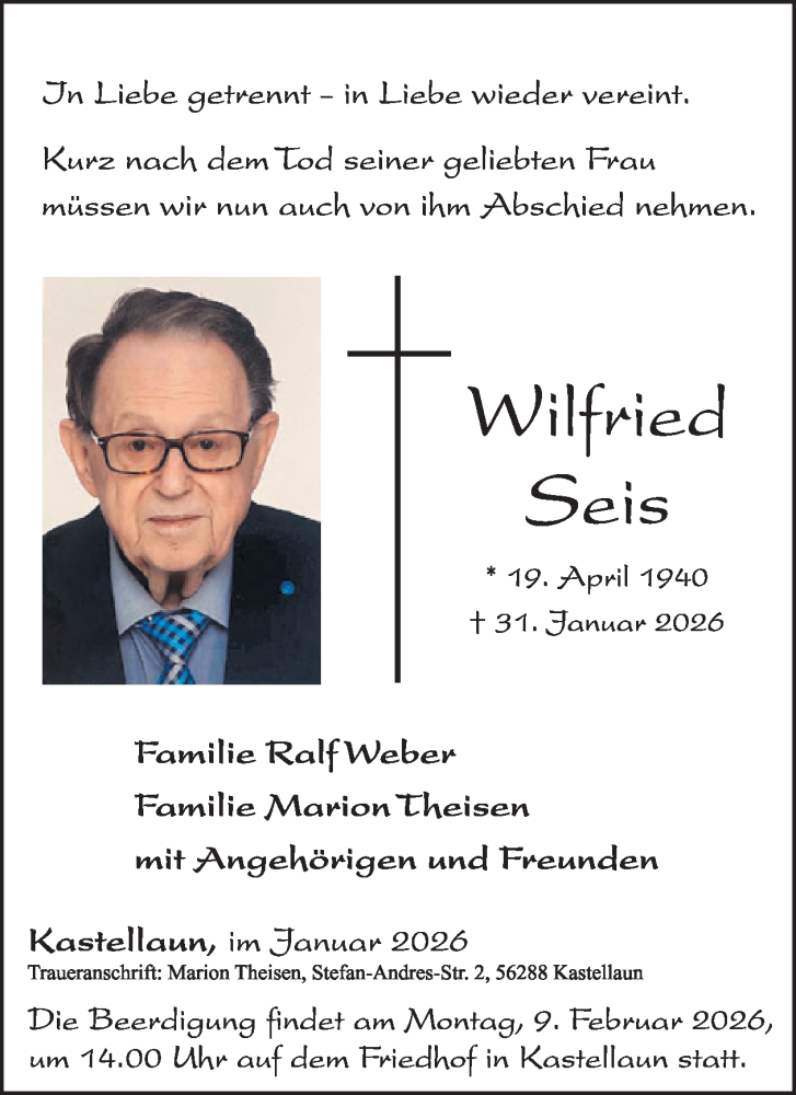  Traueranzeige für Wilfried Seis vom 07.02.2026 aus WochenSpiegel
