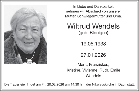 Traueranzeige von Wiltrud Wendels von WochenSpiegel