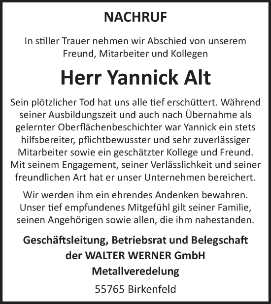 Traueranzeige von Yannick Alt von WochenSpiegel