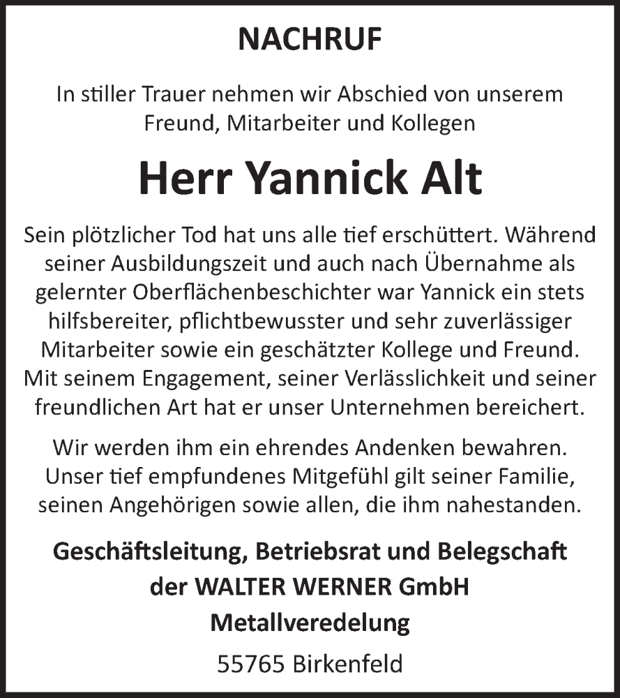  Traueranzeige für Yannick Alt vom 07.02.2026 aus WochenSpiegel